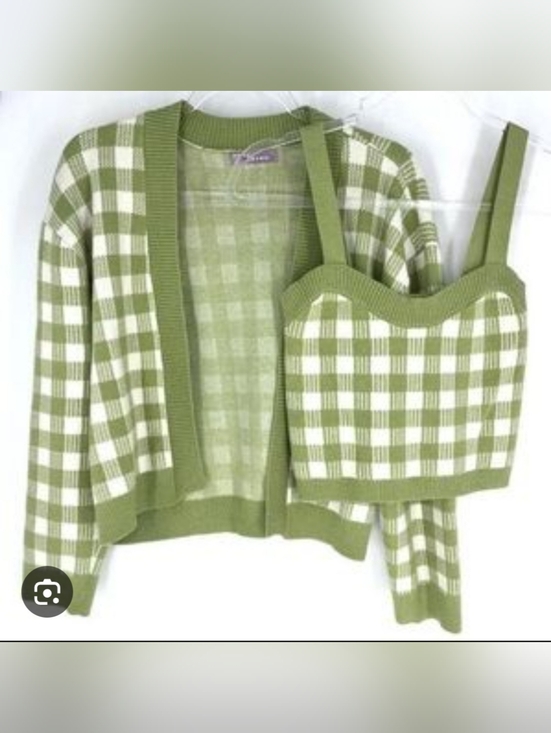 Lalavon Sweaters - Gingham Knit Cardigan and Tank Set in Sage Green NWOT
